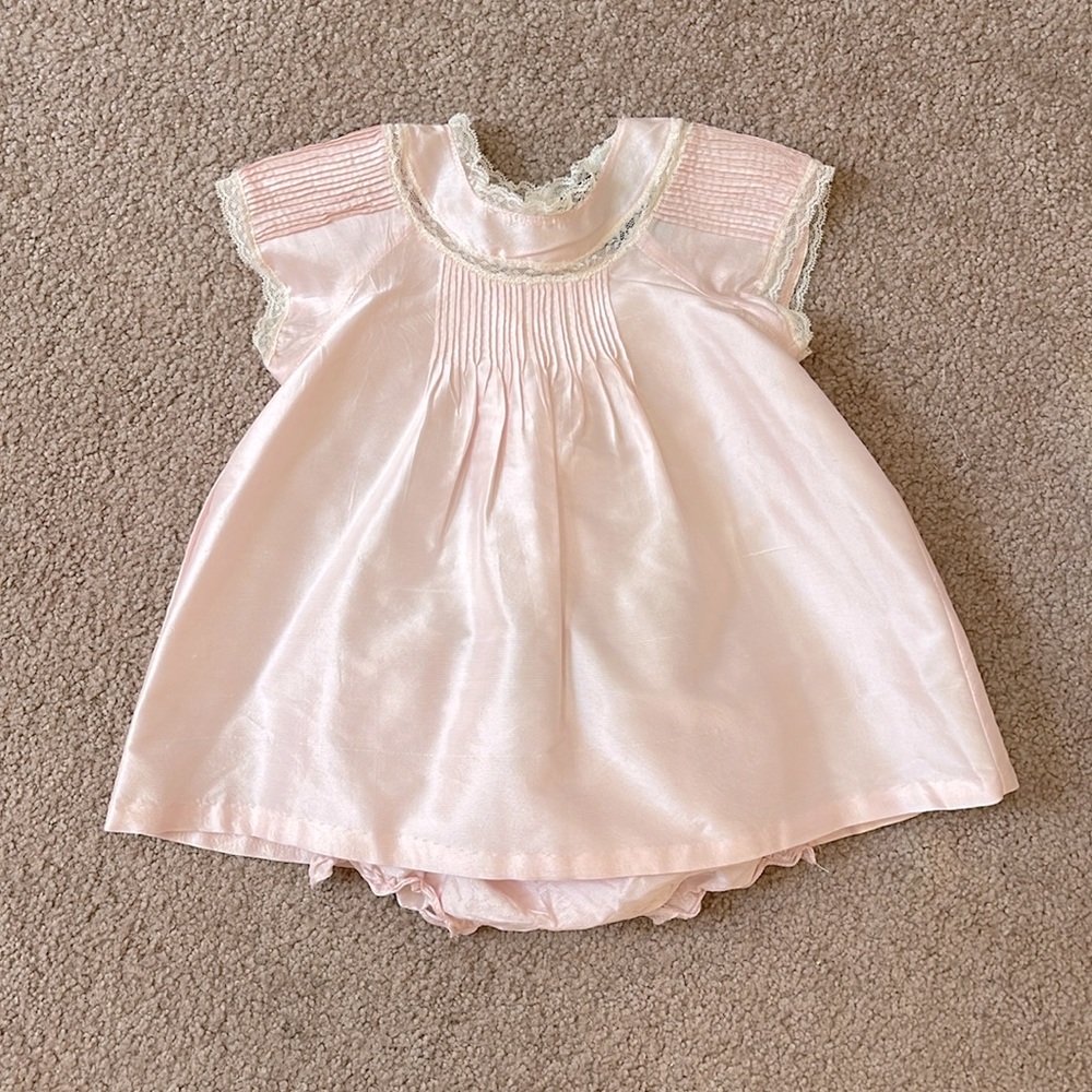 Silk baby pink fleurisse dress and bloomers 12/18m